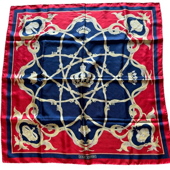 Hermes Scarf Couronnes Crown Red Navy Silk 89cm x 89cm Authenticated ✅ - Picture 1 of 8